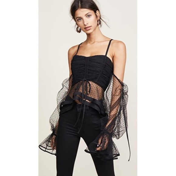 Black Mesh Polka Dot Cold Shoulder Crop Top - Picture 1 of 6